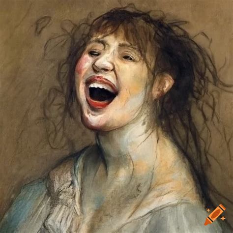 Half Length Portrait Of A Laughing Woman With Messy Hair In Colorful