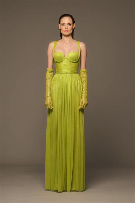 Lime green draped dress in silk foiled tulle and gloves