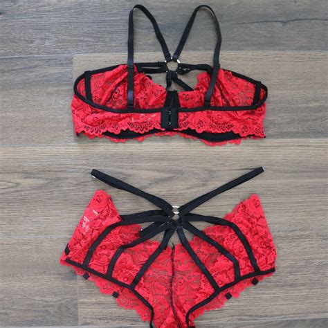 Sexy Red Strappy Lace Bra Bralette Underwear Panties Plus Size Lingerie