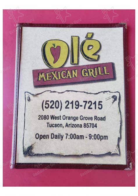 Menu at Ole' Mexican Grill restaurant, Tucson