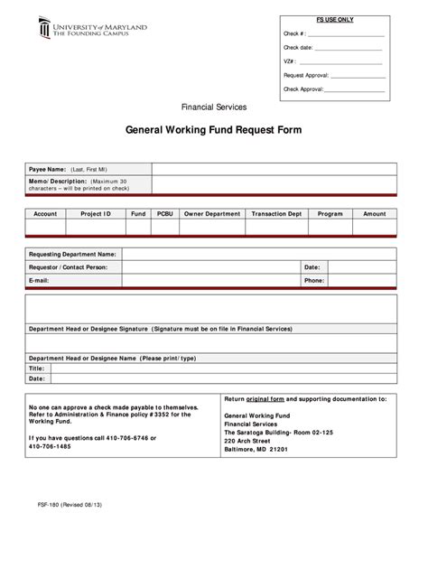 Fillable Online Umaryland General Working Fund Request Form Fax Email