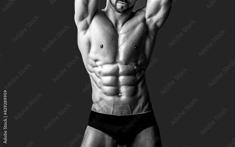 Naked Male Body In Pants Posing With Bare Chest On Black Sexy Muscular Men With Bare Naked Body