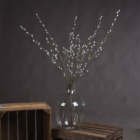 Faux Pussy Willow Branches Hand Crafted Tall Set Of Three