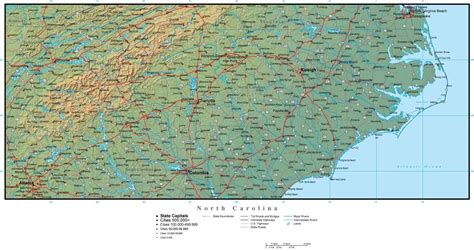 North Carolina State Map Plus Terrain With Cities And Roads