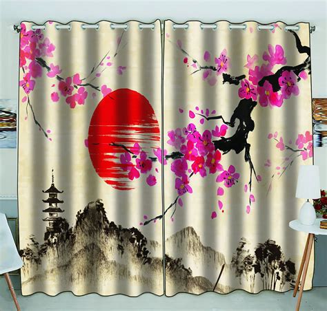 Phfzk Landscape Window Curtain Japanese Sakura Cherry Blossom Moon