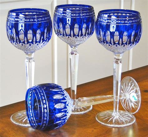 Glass Waterford Cobalt Blue Cut To Clear Cased Crystal Clarendon Wine Hock Goblet ~ 2 Glassware