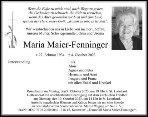 Trauer Maier Fenninger Maria Ta Anzeigen Traunsteiner Tagblatt