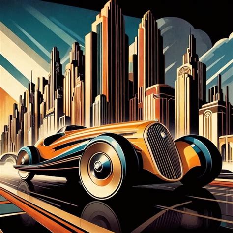 Premium Photo | Retromodern car in the city art deco vintage illustration