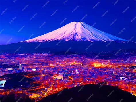 Premium Photo | Beautiful mount fuji and a city at night