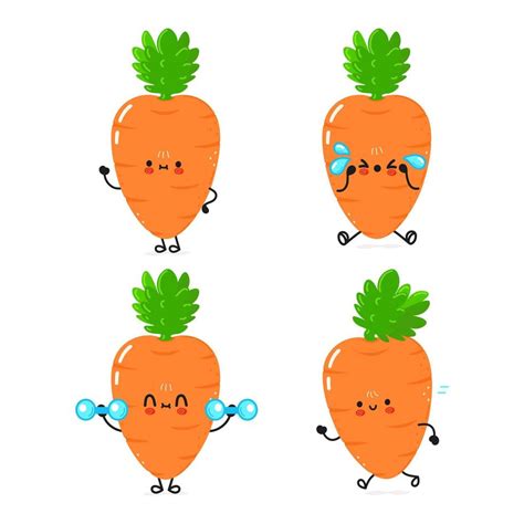 Funny Cute Happy Carrot Characters Bundle Set Vector Hand Drawn Doodle Style Cartoon Character