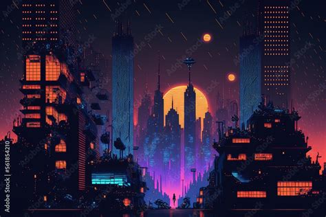 Neon pixel city night. Futuristic dark night neon cityscape with ...