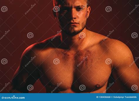 Men Muscular Chest Naked Torso Stand Sky Background Strong Muscles Emphasize Masculinity