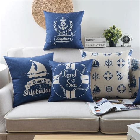 Nautical Pillow Coastal Decorative Throw Pillow Case Blue Sea Cushion Cover Anchor Sailboat