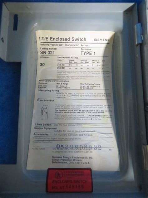 ITE Siemens SN321 1 Phase 30Amp 240V Type 1 Enclosed Switch + 1 Year ...