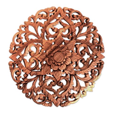 Unicef Market Traditional Balinese Floral Wood Round Relief Panel