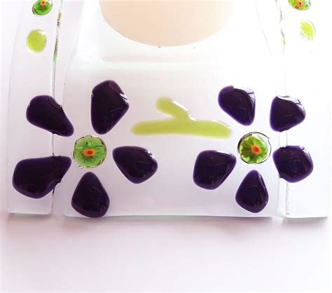 Fused Glass Tea Light Candle Holder Dark Purple Flowers Etsy