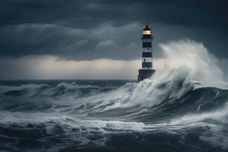 Tempestade Do Mar Nuvens Escuras Raio Farol Solit Rio Ondas Agitadas