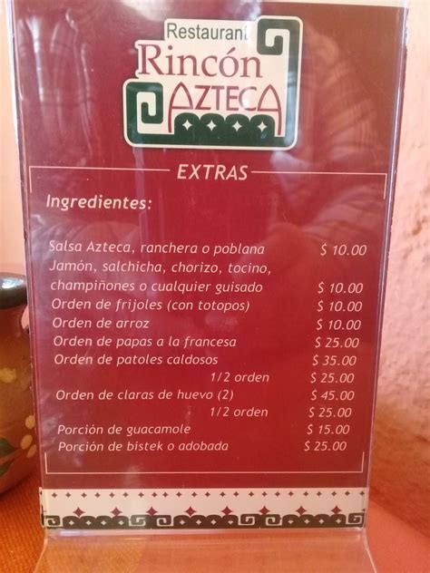 Menu At Rincon Azteca Restaurant Durango C Francisco De Urdinola 311