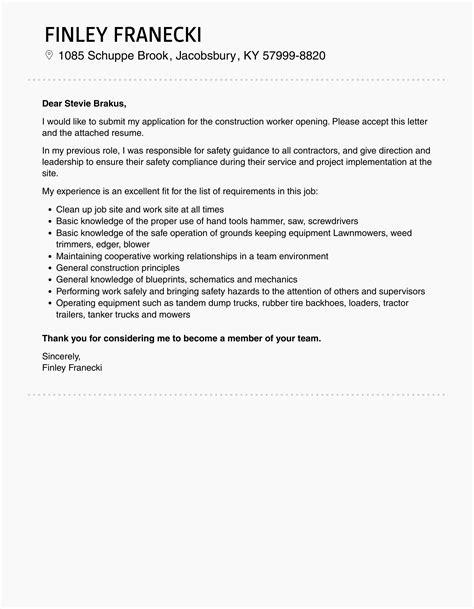 Construction Worker Cover Letter Velvet Jobs