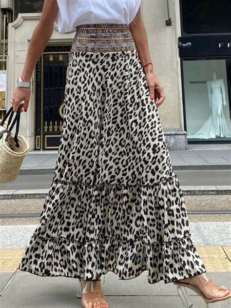 Stylewe Swing Women Midi Skirts Swing Resort Floral Print Polyester Leopard Midi Skirts High