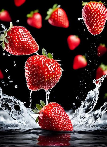 Un Fondo Negro Con Fresas Rojas Cayendo Al Agua Foto Premium