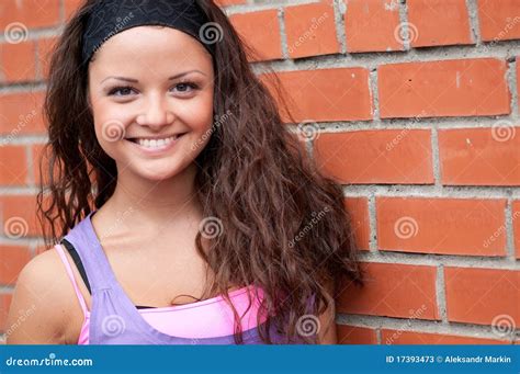 Beautiful Teenage Girl Pose Over Brick Wall Stock Image Image Of