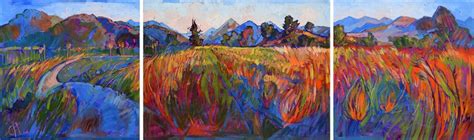 Scarlet Grass In Triptych Contemporary Impressionism Paintings By Erin Hanson