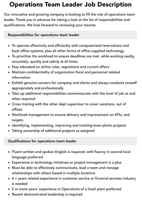 Operations Team Leader Job Description Velvet Jobs