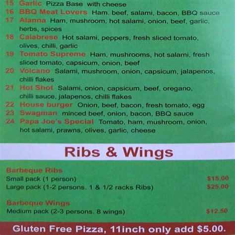 Menu at Papa Joe's restaurant, Springvale