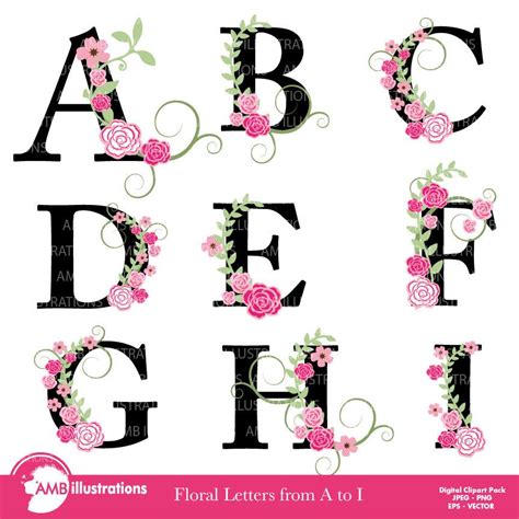 Floral Alphabet Clipart Letters A To I Floral Clipart Etsy Clip Art