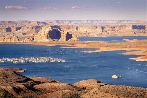 Lake Powell And Marina From Above At Clear Sunset Sky Page Arizona