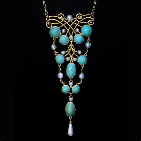 Art Nouveau Antique Turquoise Pearl Gold Necklace Ref 185431 Antique Jewelry Vintage Rings