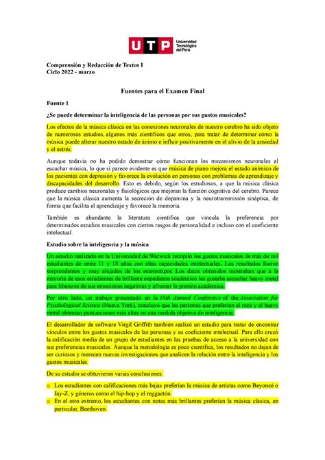 Fuentes Para El Examen Final De Crt1 2022 Marzo Comprensión Y