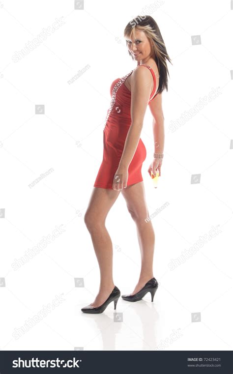 Sexy Brunette Partygirl Red Minidress Dancing Stock Photo
