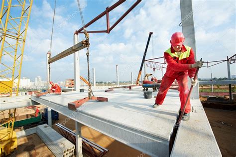 Builder Worker Installing Concrete Slab Stock Photo Kalinovsky