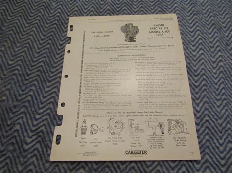 Holley Carburetor Data Spec Chart 1947 Kaiser Special Six Model K 100 Ebay