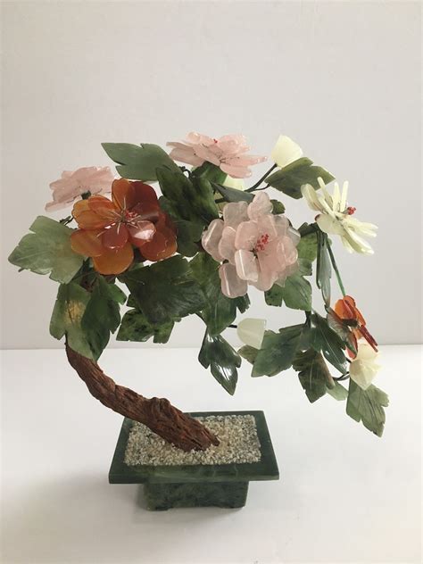 Vintage Chinese Jade And Semi Precious Stone Bonsai Tree Carnelian