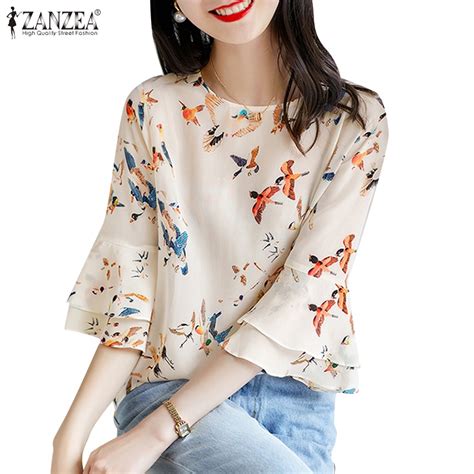 Zanzea Women Korean Casual Printed Ruffle Sleeve O Neck Daily Blouses