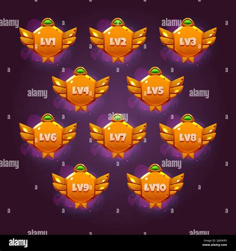 Set Of Game Level Ui Icons Golden Badges With Wings Shields Or