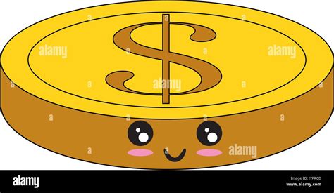 Kawaii Money Coin Icon Over White Background Vector Illustration Stock