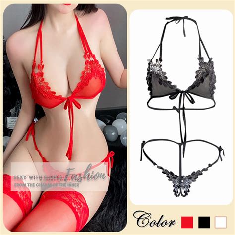 Women Lace Up Underwear Set Three Point Strap Bikini Bra Panties G String Thong Unpadded