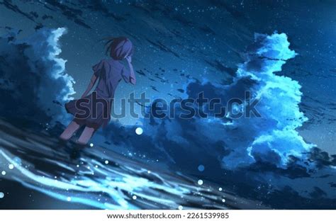 Aesthetic Illustration Anime Girl Standing Water Stock Illustration