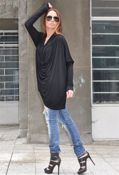 Black Cotton Maxi Tunic Tops For Womens Extravagant Loose Etsy