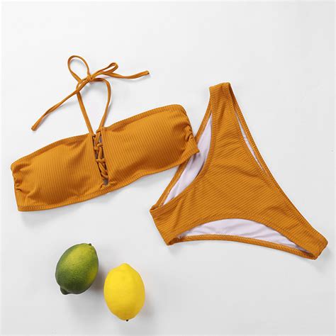 Newest Beach Wear Bright Color Swimsuit Two Piece Halter Bikini Bathing Suit Swimwear
