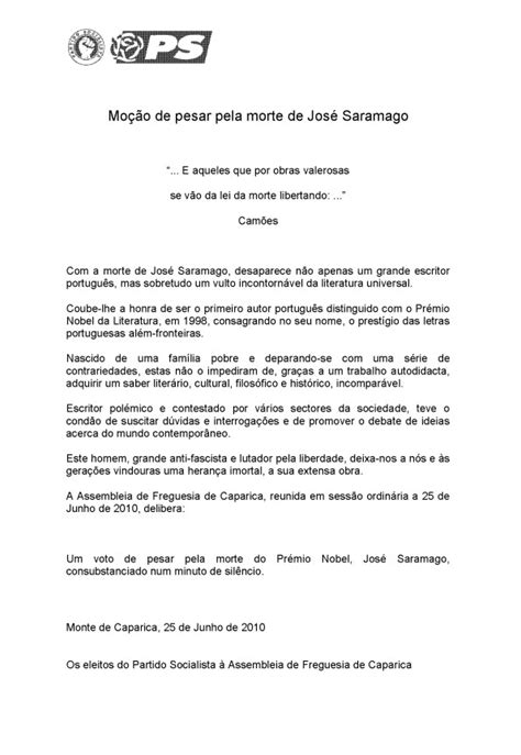 Ps Caparica Voto De Pesar Pela Morte Do Escritor José Saramago