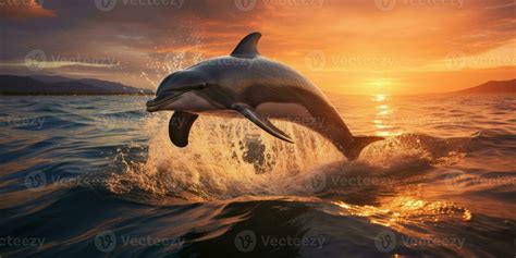 beautiful dolphin leaping jumping from shining sunset sea AI Generative 33399347 Stock Photo at ...