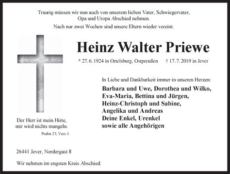 Traueranzeigen Von Heinz Walter Priewe Nordwest Trauer De