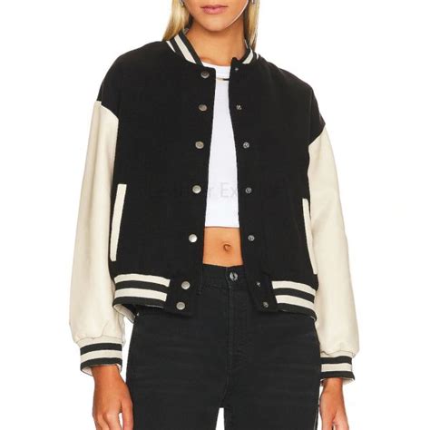 Voguish Black And White Women Leather Varsity Jacket