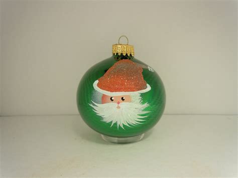 Hand Painted Santa On Green Glass Christmas Ornament Etsy