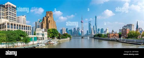 Panoramic View Of Shanghai Skyline On Suzhou River China Stock Photo